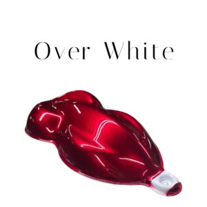 Glossy red metallic paint sample on white